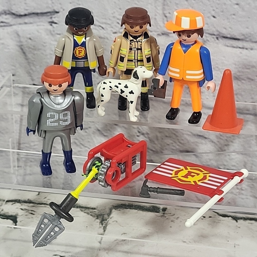 Playmobil People Figures Firefighters Fire Dept Flag Dalmatian Construction Cone